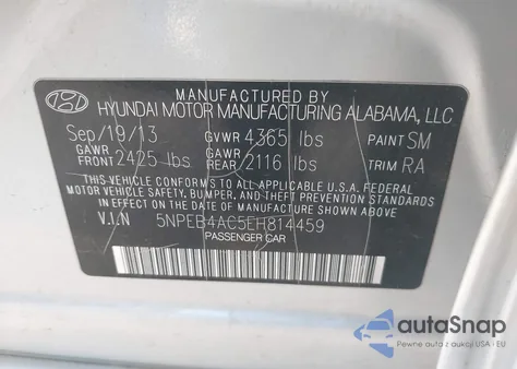2014 Hyundai Sonata Gls from USA, damaged, VIN 5NPEB4AC5EH814459